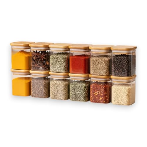 Image of Airtight Square Glass Storage Jar with Bamboo Lid, 280ml Pack of 12 | Borosilicate Multipurpose Kitchen Container for Coffee, Tea, Sugar, Masala, Spices & Dry Fruits | Transparent Pantry Organizer