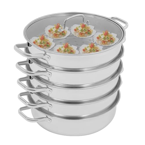 PUDLOR Vaporera de acero inoxidable de 5 capas con tapa visible, 41 x 39 cm, olla de vapor para cocinar al vapor, mango hueco de acero inoxidable, diseño apilable, 4 recipientes para cocinar al vapor