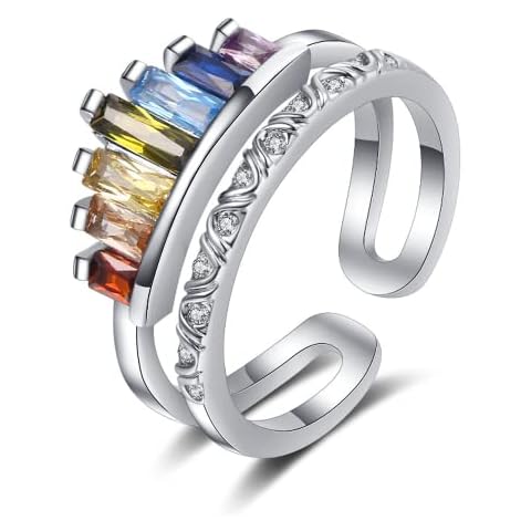 925 Sterling Silver Ring for Women, Solid Silver Romantic Rainbow Crown Opening Ring for Women Jewelry, with 5A Cubic Zirconia,Adjustable Size Cover