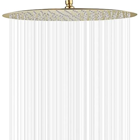 GGStudy High Pressure Round Brushed Gold Shower Head 16 Inches Large Stainless Steel Shower Heads,Ultra Thin Rainfall Bath Shower 1/2 Connection Shower Head Rain Cover