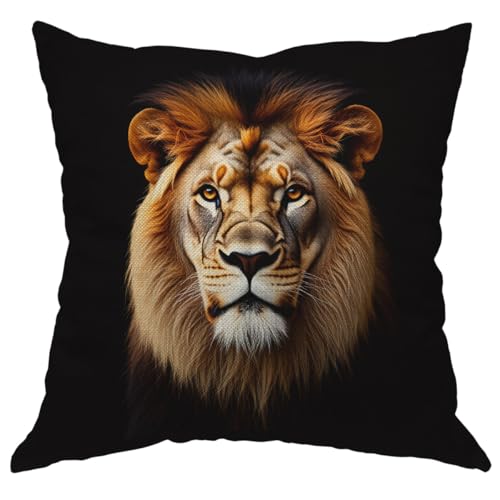 Moslion Lion Pillow Case Cool Brown Lion Head on Black Background Throw Pillow Case 18" x 18" Inch Cotton Linen Cushion Cover for Men Women Brown Black