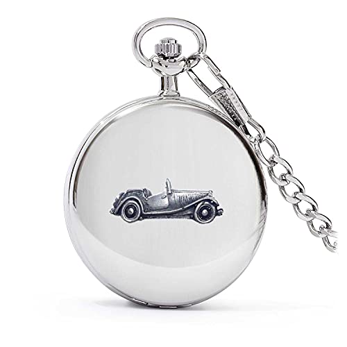 Montre de poche mécanique quartz et argent poli au motif voiture de collection effet étain