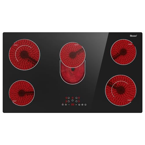 Electric Cooktop 36 Inch 5 Burners,220~240V,Built in Electric Stove Top,8400W Radiant Ceramic Cooktop with Hardwired,Touch Control,Child Lock,Dual-Ring Heating,Expandable Zones