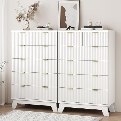 Image of Xixini Fluted Dresser for Bedroom with 6 Drawers, 46 inch Tall Modern Chest of Drawers with Metal Handle, Wooden Dresser TV Stand, Wood Closet Clothes Storage Organizer for Living Room, Hallway, White