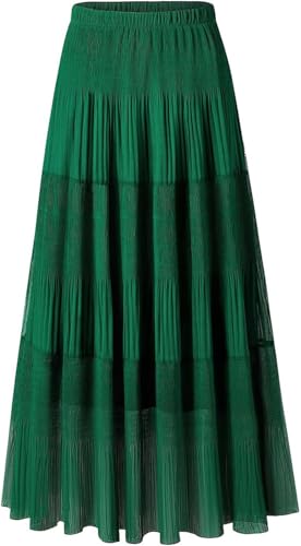 Image of comefohome Maxi Skirts for Women UK Pleated Long Flowy Chiffon Elasticated Waist Tiered A Line Ladies Summer Skirt Green XL