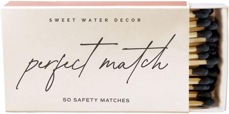 Sweet Water Decor Black Safety Matches | Approx. 50 Matchsticks, 3.75" Length | "Perfect Match" Matchbox with Striking Pad | Home Decor Firestarter & Candle Accessories | Housewarming Gift