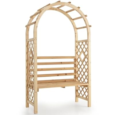 Moccha Wooden Garden Arch with Bench, 81.5 Inch Outdoor Pergola for Climbing Plants Flowers Vines, 2-Person Fir Wood Garden Arbor Trellis Wedding Arches for Backyard Party Decoration Ceremony