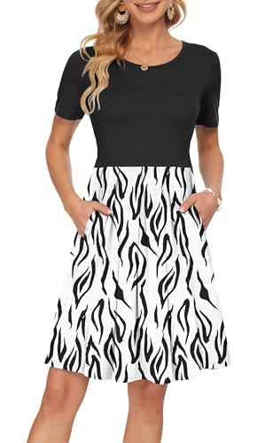 AUSELILY Dresses for Women UK Summer Dress Short Sleeve Wrap Dress Casual with Pockets Knee Length Black Musical L