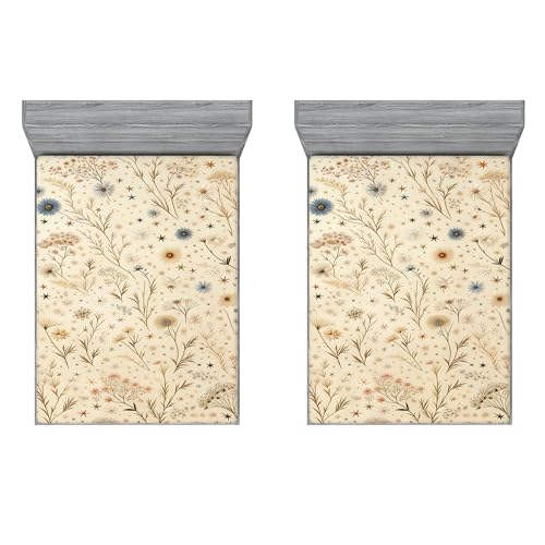 Ambesonne Floral Dream 2 Pack Fitted Sheet, Earthy Leaves Stars, Bed Cover All-Round Elastic Deep Pockets 2 Pieces, Package Contains 2 Full Size Fitted Sheets, Pastel Brown Slate Blue