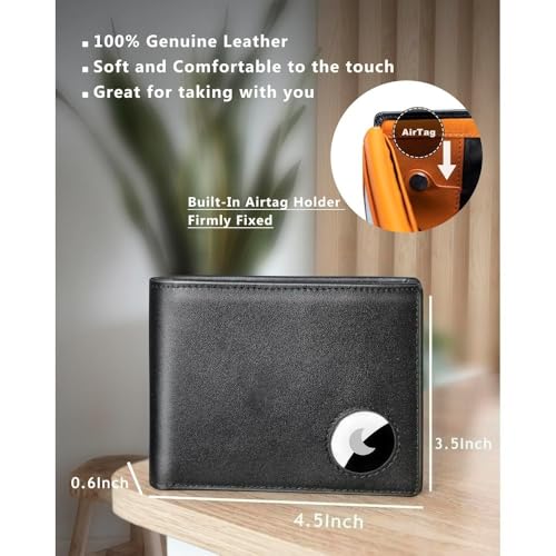 Genuine Leather Wallet for Men with RFID Blocking AirTag Holder and 12 Card Slots Slim Design for Everyday Carry (Black+Orange)3