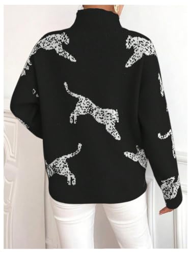 Image of WDIRARA Women's Leopard Tiger Print Sweater High Neck Long Sleeve Fuzzy Knitted Pullover Top