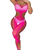 Sexy Dessous für Damen,Damen Fischnetz Bodys Dessous,Nahtlose Bodystocking catsuit Hohl Reizwäsche Strumpfhose,für Romantische Datum Tragen Reizwäsche (Rosenrot-1)