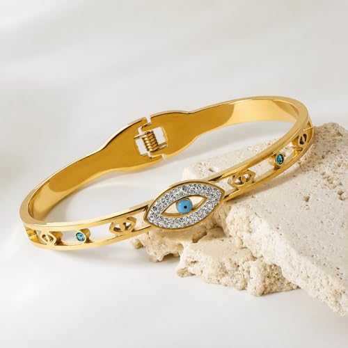 Image of Stylish Gold Plated Bangle for Women | Daily Use Stainless Steel Kada | Anti-Tarnish Waterproof Cuff | Multicolour Crystal Evil Eye | Daily Wear Bracelet For Womens | Premium Gift For Girl
