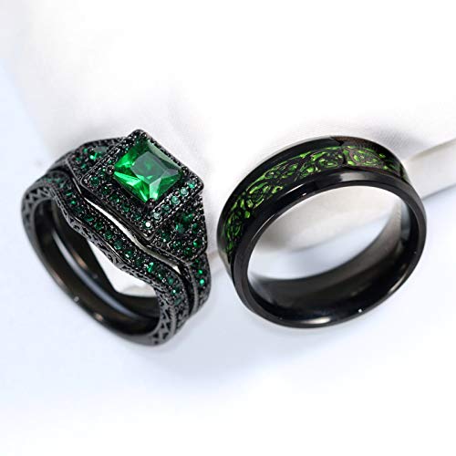 ringheart 2 Rings His and Hers Rings Black Plated Couple Rings Princess cut 6mm Green Cz Womens Wedding Ring Sets Titanium Steel Mens Wedding Bands4
