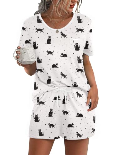 Image of Ekouaer Pajama Set for Women 2 Piece Lounge Set Short Sleeve Tops and Shorts Soft Sleepwear, Chest Pocket