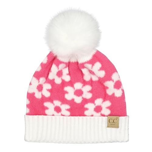 C.C Kids Daisy Fur Pom Beanie for Boys Girls - Comfortable Soft Warm Children Youth Knit Skully Hat with Faux Pom - Main Image