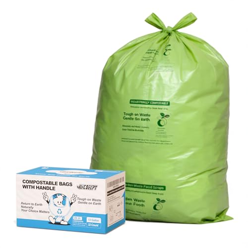 UFCOELPT 13 Gallon Compostable Kitchen Bags with Handles 32 Count - Extra Thick 0.9 Mil Tall Kitchen Bin Liners Seedling Certified Unscented Food Scrap Bags