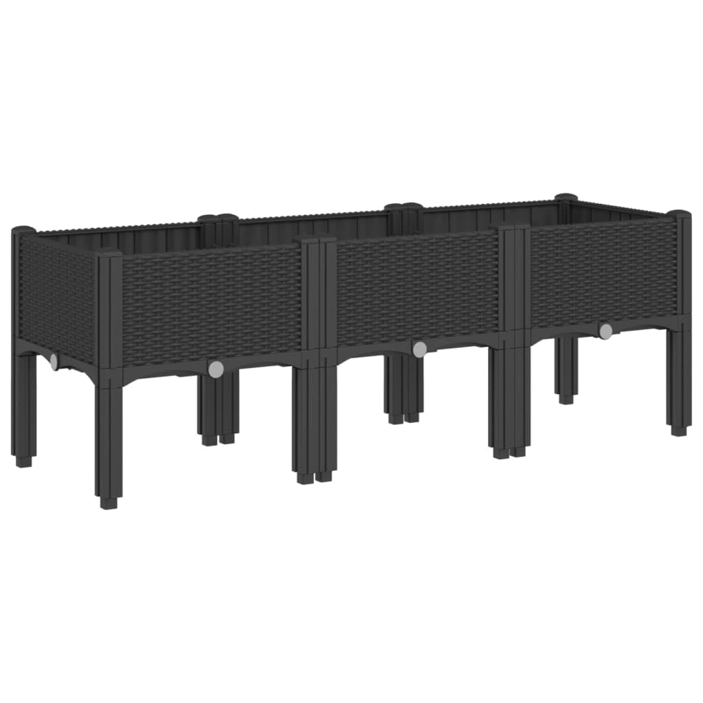 Donica ogrodowa z nóżkami czarna 120x40x42 cm PP podwyższona donica na warzywa kwiaty i rośliny pnące na taras balkon patio rattanowy design pojemnik z odpływem wody