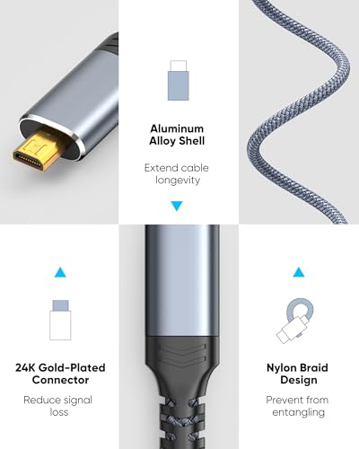 Image of Highwings 4K Micro HDMI to HDMI Cable 3FT, Micro Male to HDMI Male Nylon Braided Cord Adapter 2.0 4K@60HZ 2K@165HZ 18Gbps Compatible for Laptop Tablet Camera Connected to Monitor Projector 3FT Grey
