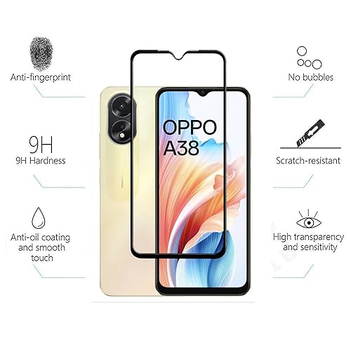 Image of Casodon Designed for Oppo A38 Tempered Glass Screen Protector Guard (Black) Full Screen Coverage with Easy Installation Kit
