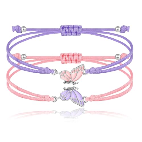 Nayyana 2 Pulseras BFF a Juego Ajustables para Mejores Amigos, Hechas a Mano, Regalo de Joyería, Morado+Rosa