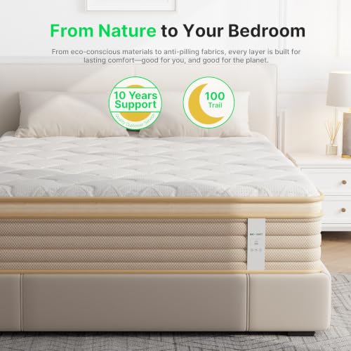 Image of 12 Inch Queen Hybrid Mattress with Gel Memory Foam & Pocket Springs | Mattress in a Box for Pressure Relief & Cool Sleep, Edge Support & Motion Isolation, CertiPUR-US Certified, White & Beige