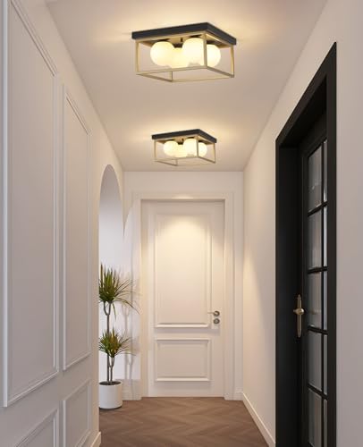 Image of Flush Mount Ceiling Light, 12.6 inch Close to Ceiling Light Fixtures with Globe Glass Shade, 4-Light Black and Gold Light Fixture for Living Room Dining Room Bedroom Kitchen Hallway Entryway