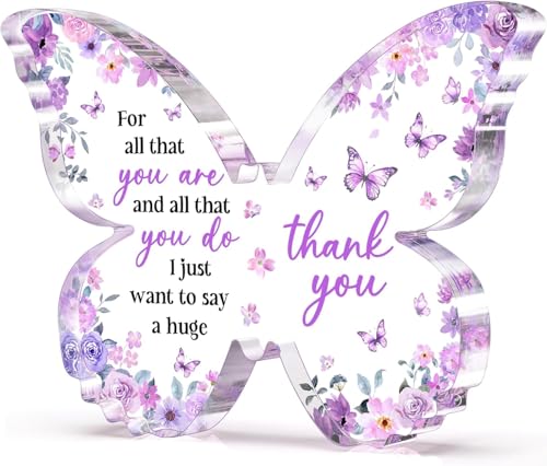 Image of Gifzy Thank You Gifts for Women, Appreciation Gifts for Teacher Employee Coworker Nurse Friend, 5x5x0.5 Inch Purple Butterfly Acrylic Plaque Decor, Graduation Wedding Thank You Grateful Gift Bulk