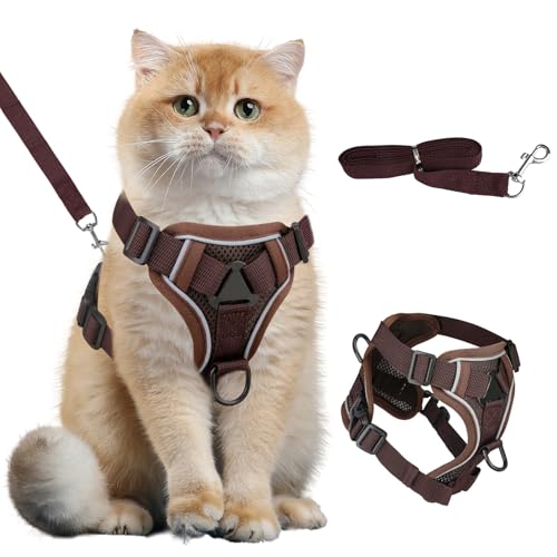 Ausbruchsicher Katzen Leine Geschirr Set, Verstellbares Katzengeschirr Ausbruchsicher Katzenleine Set, Katze Brustgeschirr mit Reflektierend Streifen,...