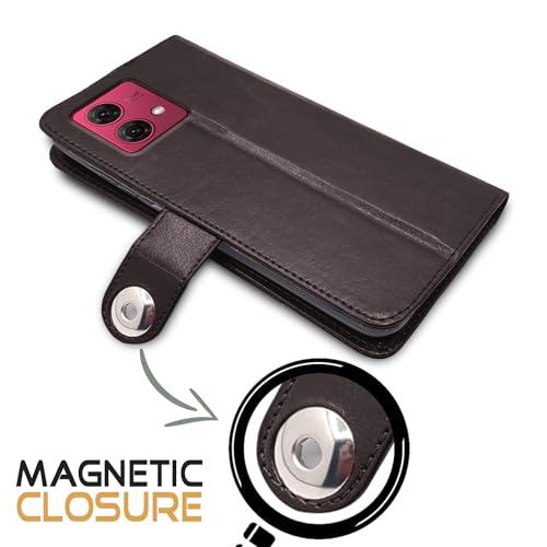 Image of Pikkme Motorola G84 5G Flip Cover Leather Finish | Wallet Stand and Shock Proof | Inside TPU with Card Pockets | Complete Protection Button Flip Case (Coffee)