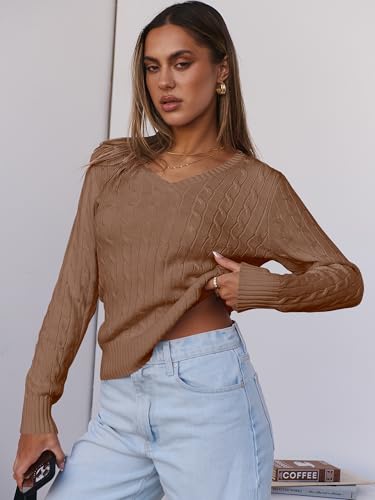 Image of ANRABESS Women's Cable Knit V Neck Fitted Sweaters