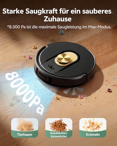 Vexilar Saugroboter mit Wischfunktion, 8000Pa Staubsauger Roboter, LiDAR Navigation, 5 Karten, 180Min Laufzeit, 50dB Leiser Roboterstaubsauger, App- und Sprachsteuerung für Böden Teppiche