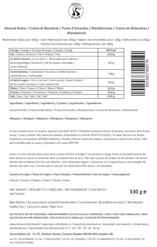 Veggy Duck - Mandelmus Braun (330g) | Nur Mit Gerösteten Mandeln Hergestellt ohne Zucker und Salz | Ohne Zusatzstoffe