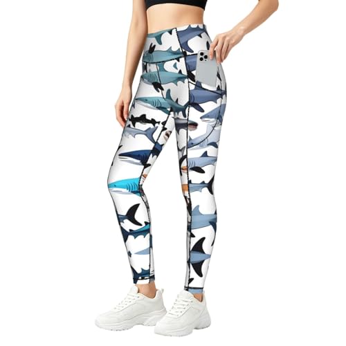 Leggings de yoga con estampado de tiburones de cintura alta con bolsillos prácticos para mujer