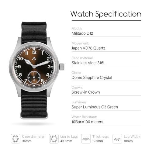 Image of TACTICAL FROG Militado D12 Military Mens Watch VD78 Quartz Sapphire Crystal C3 Super Luminous 36mm Dial Military-Style Dress Watches, 100M Waterproof