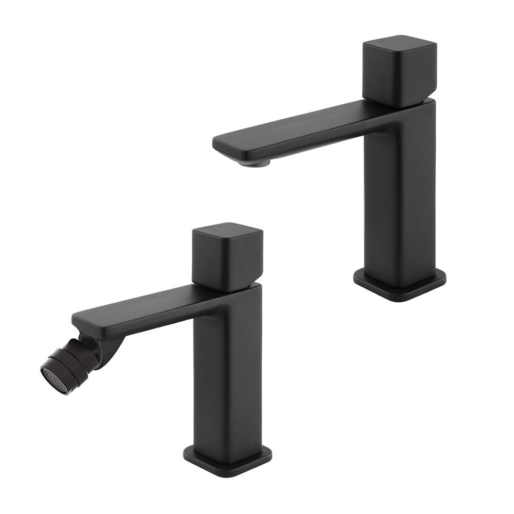Set Miscelatori Per Lavabo E Bidet Con Manopola Senza Leva In Ottone Nero Opaco Della Linea Lotus, Completo Di Pilette Click Clack E Kit Di Montaggio