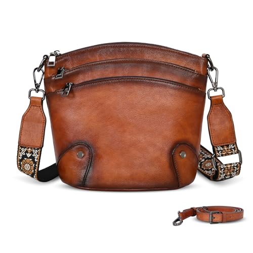 HESHE Bolsas transversais de couro para mulheres, bolsas de ombro vintage com vários bolsos, bolsas transversais para viagens, Marrom, Small, Casual