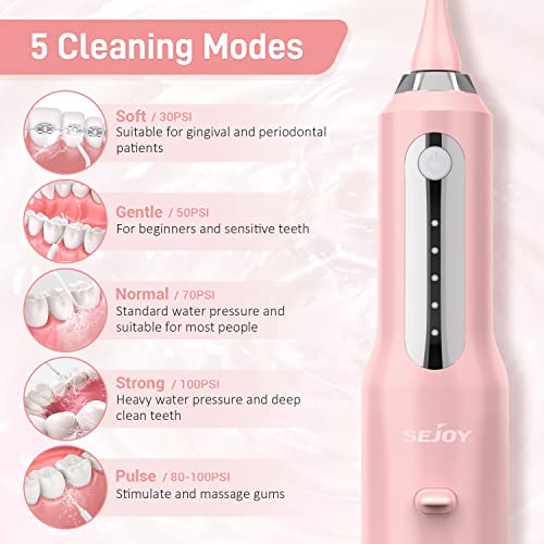 Sejoy Munddusche Kabellos Elektrische, Water Flosser Zahndusche IPX7 Wasserdicht 270ML Tragbar Oral Irrigator USB Aufladen Zahnreiniger Reisemunddusche für Zuhause Büro, mit 5 Modi und 5 Düsen, Rosa – Bild 3