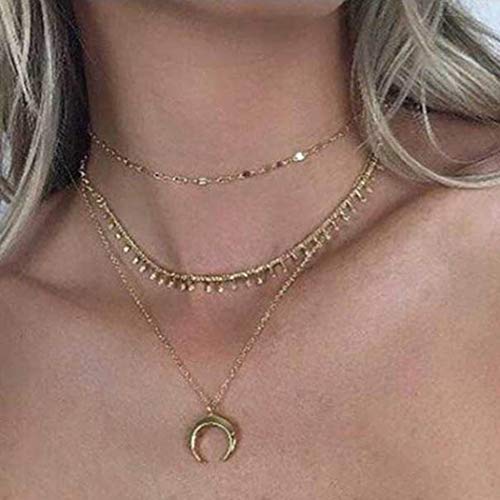 Preisvergleich Produktbild Simsly Halsband, Retro-Optik, mehrschichtig, metallene Horn- und Mondanhänger, Schmuckaccessoire, größenverstellbar, für Damen und Mädchen