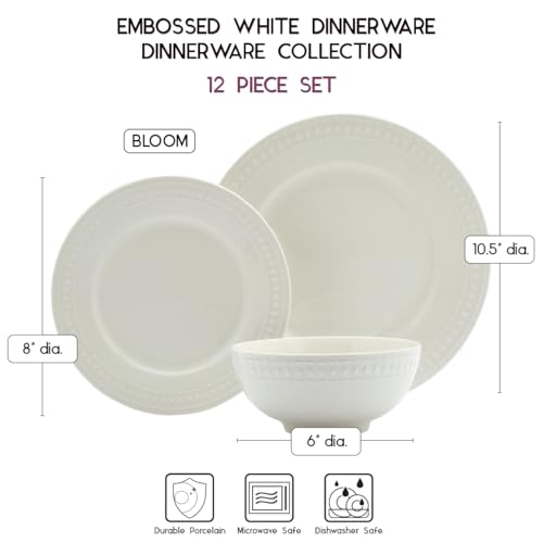 Image of Tabletops Gallery Embossed White Porcelain Round Dinnerware - Bloom 12 Piece Dinnerware Set
