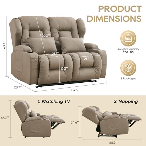 Image of IPKIG 54.2 inch RV Loveseat Recliner Sofa, Leathaire Fabric Wall Hugger Reclining Chair with Cup Holder and Side Pockets, Home Theater Seating Manual Recliner for Living Room (Khaki, Loveseat)