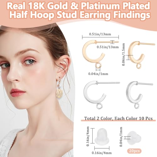Beebeecraft 1 Box 20Pcs 2 Colors Half Hoop Earring Findings 18K Gold Plated Open Dangle C Shaped Stud Earrings with Loop 20Pcs Plastic Ear Nuts for Jewellery Making DIY Craft Gifts Accessories - Image 2