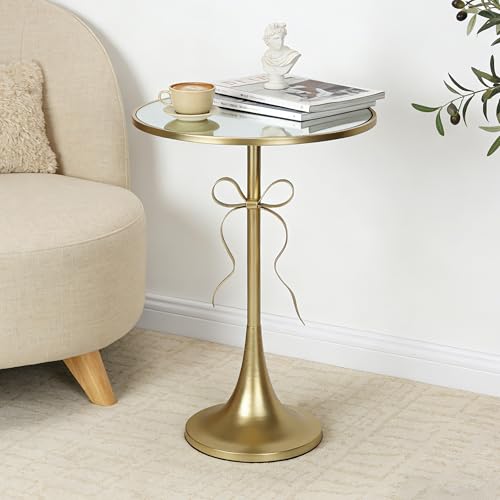 Aoligrace Gold Metal Side Table, Retro Bow Pedestal End Table with Mirror Tabletop, Decorative Martini Drink Table for Small Space, Living Room, Couch, Patio