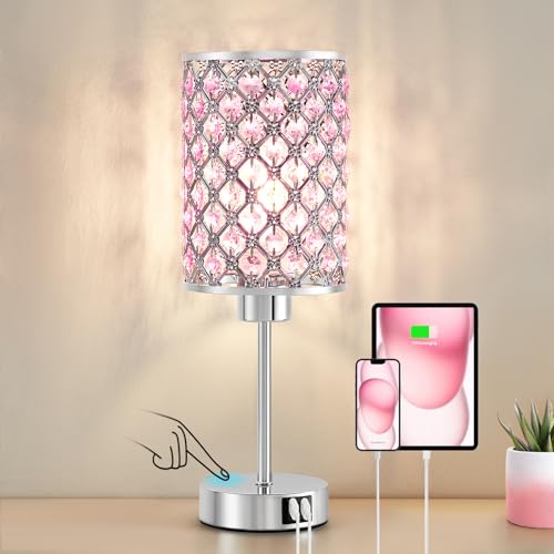 GyroVu Moderne Tischlampe & Nachttischlampe, Dimmbare Kristall Touch-Lampe mit USB A+C Ports, Rosa Kleine Beleuchtung für Wohnzimmer & Schlafzimmer (Buld Enthalten)
