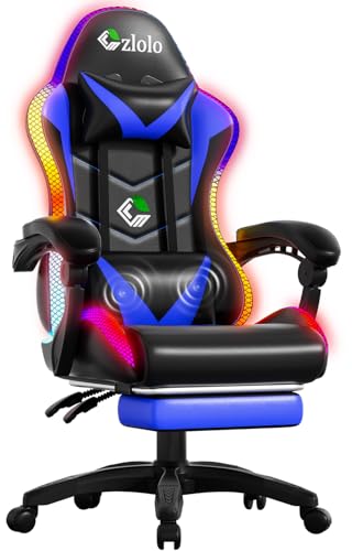 Czlolo Gaming Chair, Racing Style RGB LED Lights Gaming Chairs for Adults and Kids, Lumbar Massager Gamer Chair, High Back Reclining Computer Chair with Footrest and Headrest (Black/Blue)