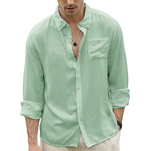 Ctu Men's Fashion Summer Casual Button Down Shirt Long Sleeve Solid Color Holiday Beach Shirts Lightgreen #TOP4