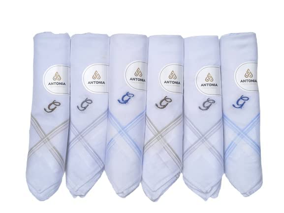 ANTONIA Pack of 6 Men’s White Cotton Handkerchief Alphabet 'G'