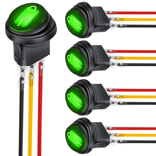 Image of Nilight 5PK 12V 20A Round Green LED Switch Waterproof SPST W /Wires Boat