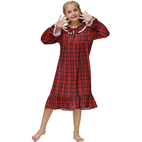 Alunsito Christmas Girls Nightgowns Cute Lace Pajamas Dress Long Sleeve Princess Nightdress Plaid Sleep Shirts Plaid 160 13-14 Years Cover