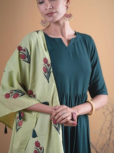 Image of Libas Women's Printed Rayon Anarkali Kurta With Palazzos & Dupatta